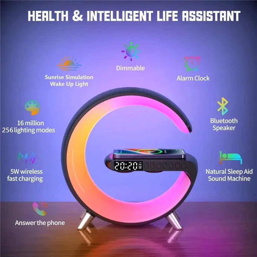 Wireless Charger Stand Alarm Clock Bluetooth Speaker LED Lamp RGB Night Light Fast Charging Station for iPhone Samsung Xiaomi NGUEMALEX BUSINESS